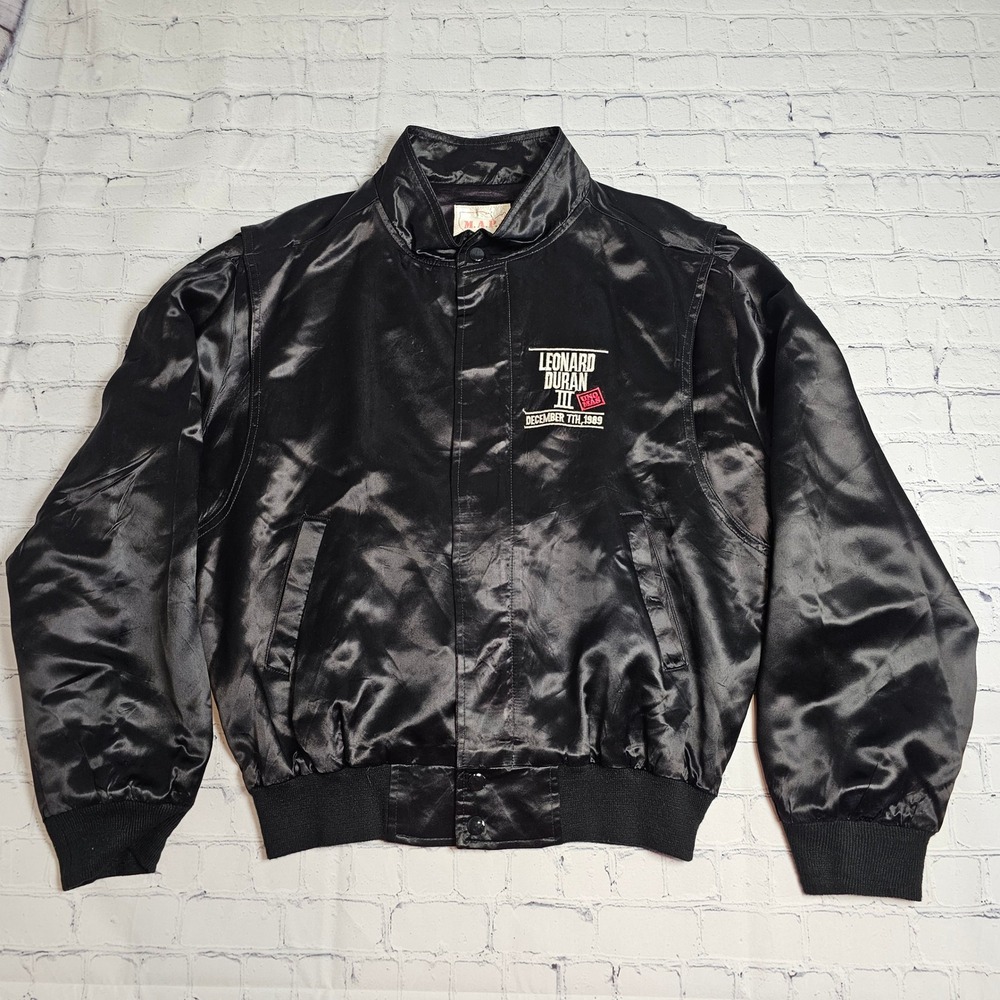Vintage 1989 Leonard Duran III Mirage Las Vegas Satin Bomber Jacket Black Mens M